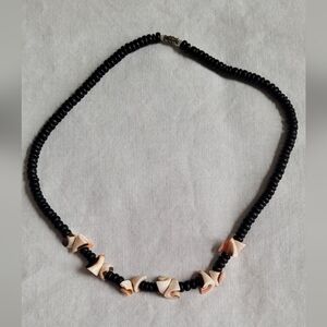 Black Wood Bead and Curly Shell Necklace With Barrel Clasp